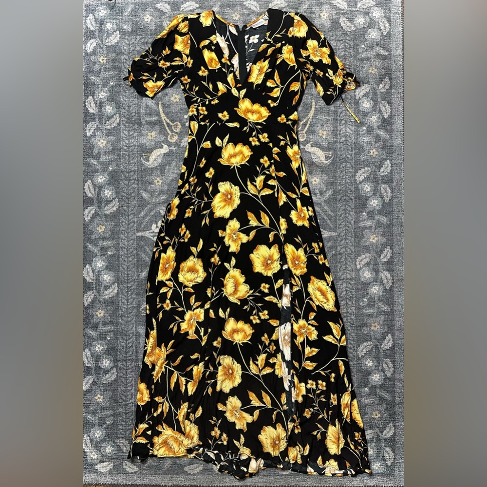Premier Amour Black & Yellow Floral Maxi Dress - V-Neck Boho Slit Maxi Dress